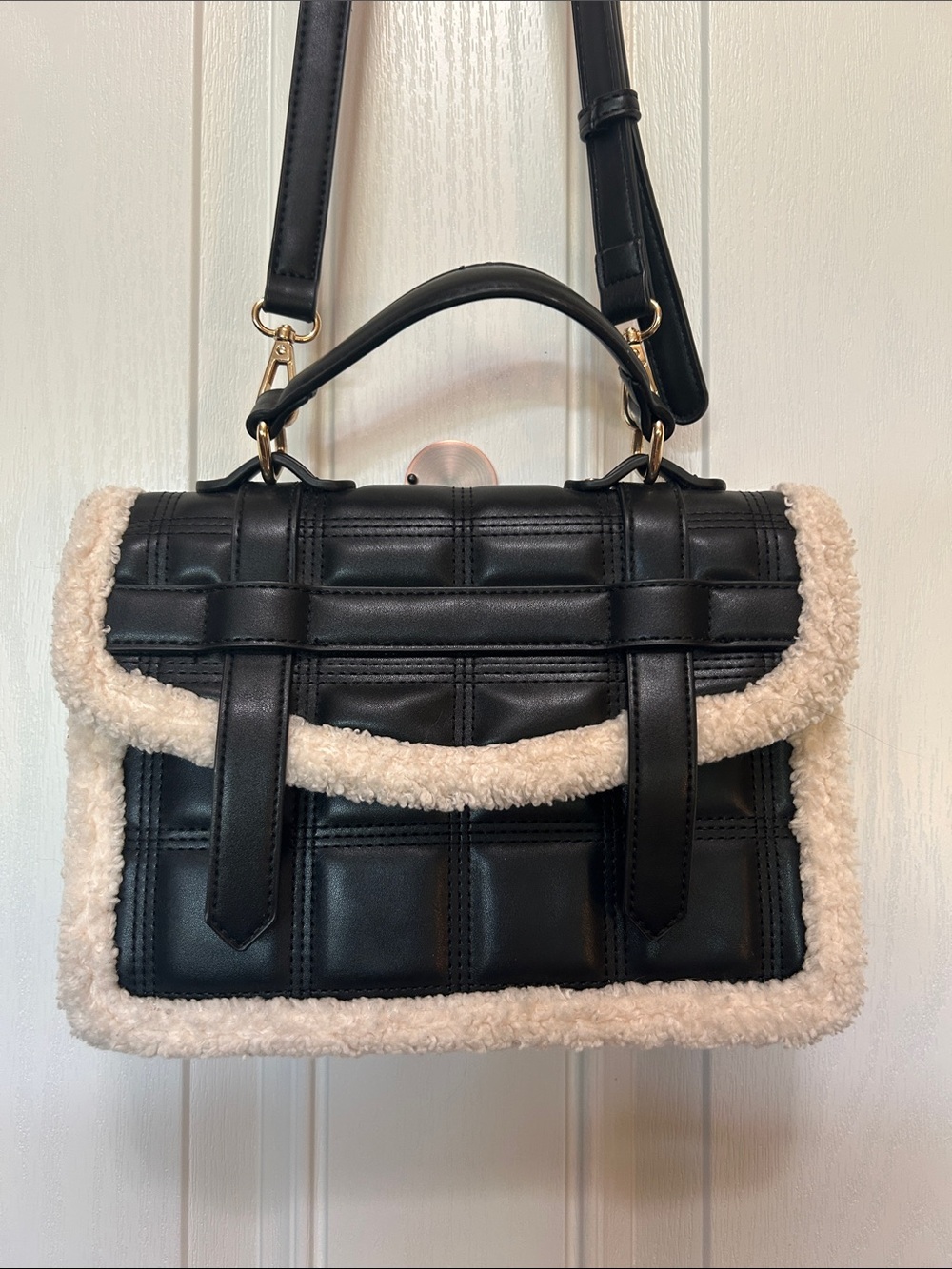 Antik Kraft Black Quilted Faux Leather Handbag Purse with White Sherpa Trim.